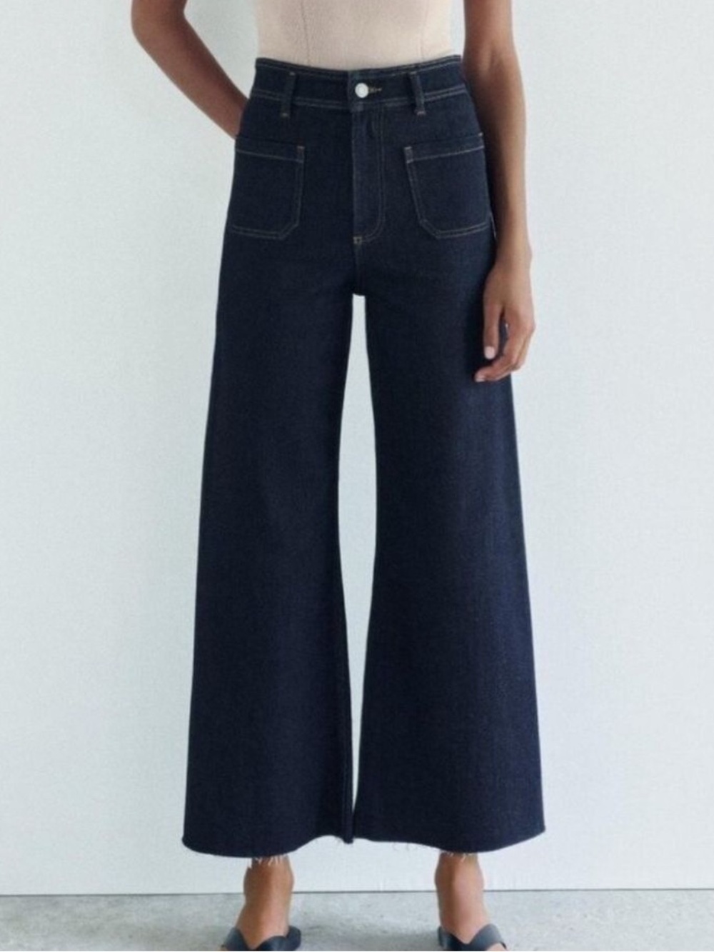 Zara dark rinse wash patch pocket high waist marine straight leg denim jeans